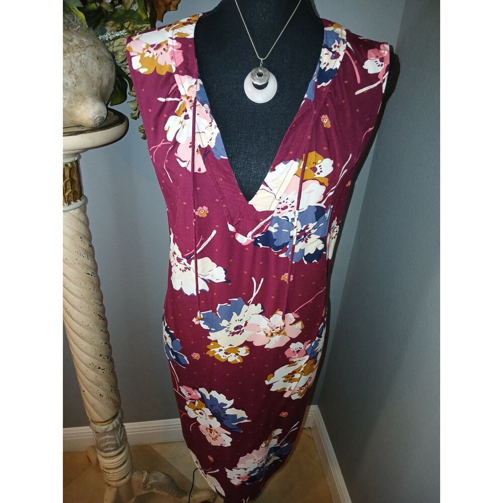 Old Navy Dress Womens Large Burgundy White Floral Swiss Dot Sleeveless Tie Neck